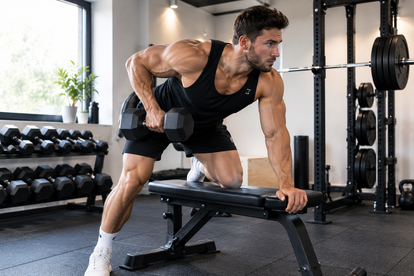 Mand træner med håndvægte i et moderne home gym