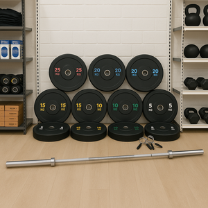 Weight plates and barbell for strength training, ideal for crossfit and gym workouts