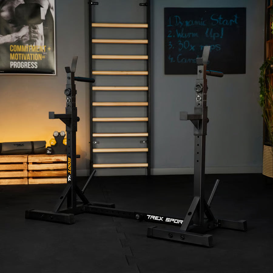 Justerbare vægtstativer med sikrings- og TX-dipholdere gym4all