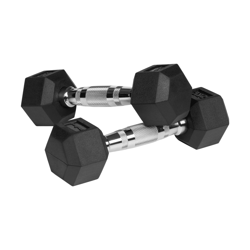 Sæt af 2 gummibelagte hexagon håndvægte 2x2 kg til aerobic og funktionel fitness.