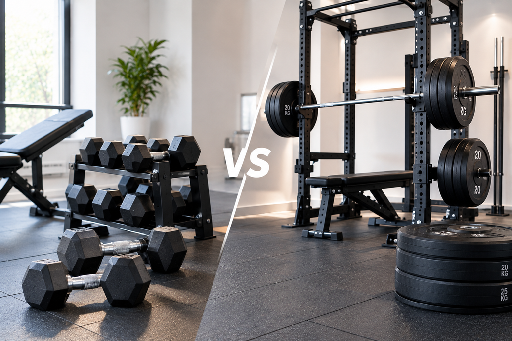 Håndvægte og vægtstang med vægtskiver i et moderne home gym
