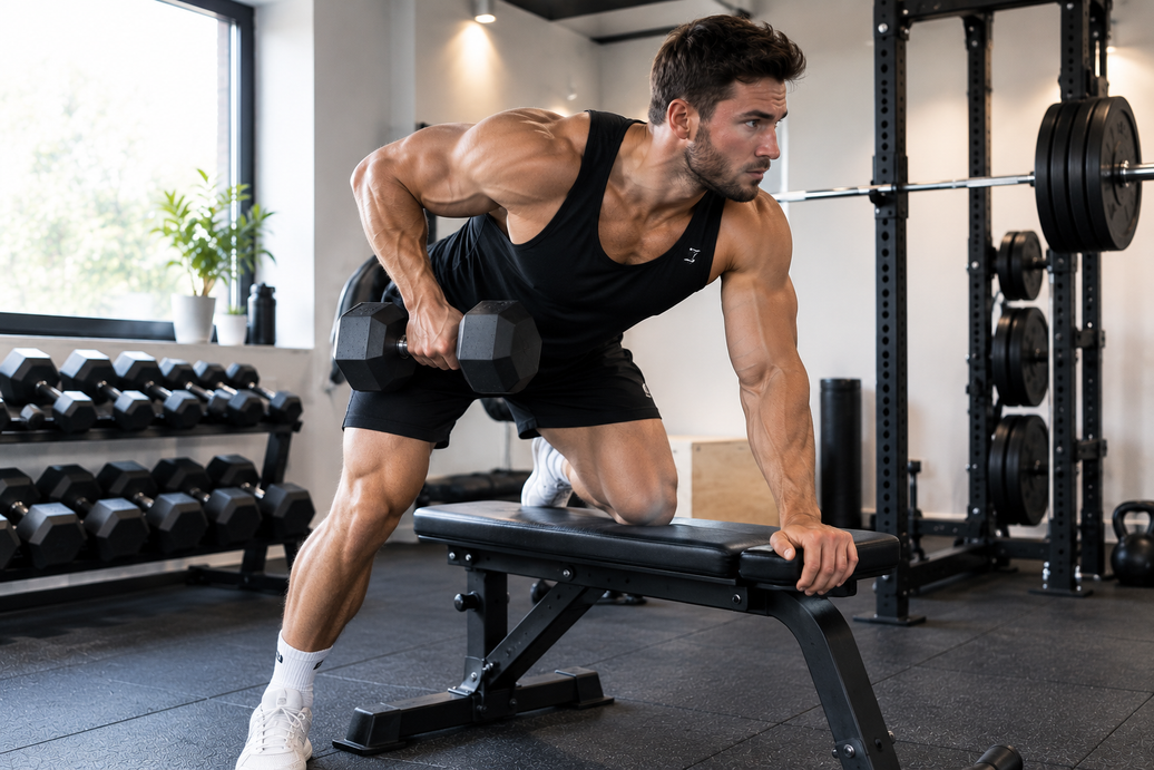 Mand træner med håndvægte i et moderne home gym