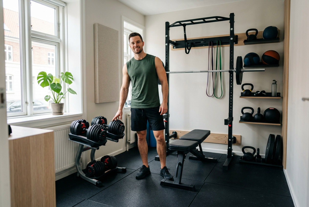 Pladsbesparende home gym med styrketræningsudstyr og gummigulv.