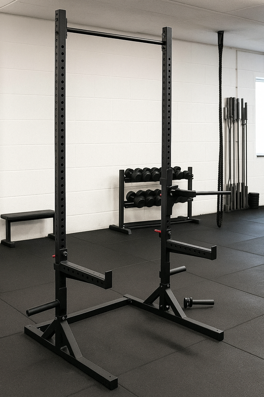 Atlet udfører squats i et Pro Squat Rack, der demonstrerer stativets stabilitet og sikkerhed.