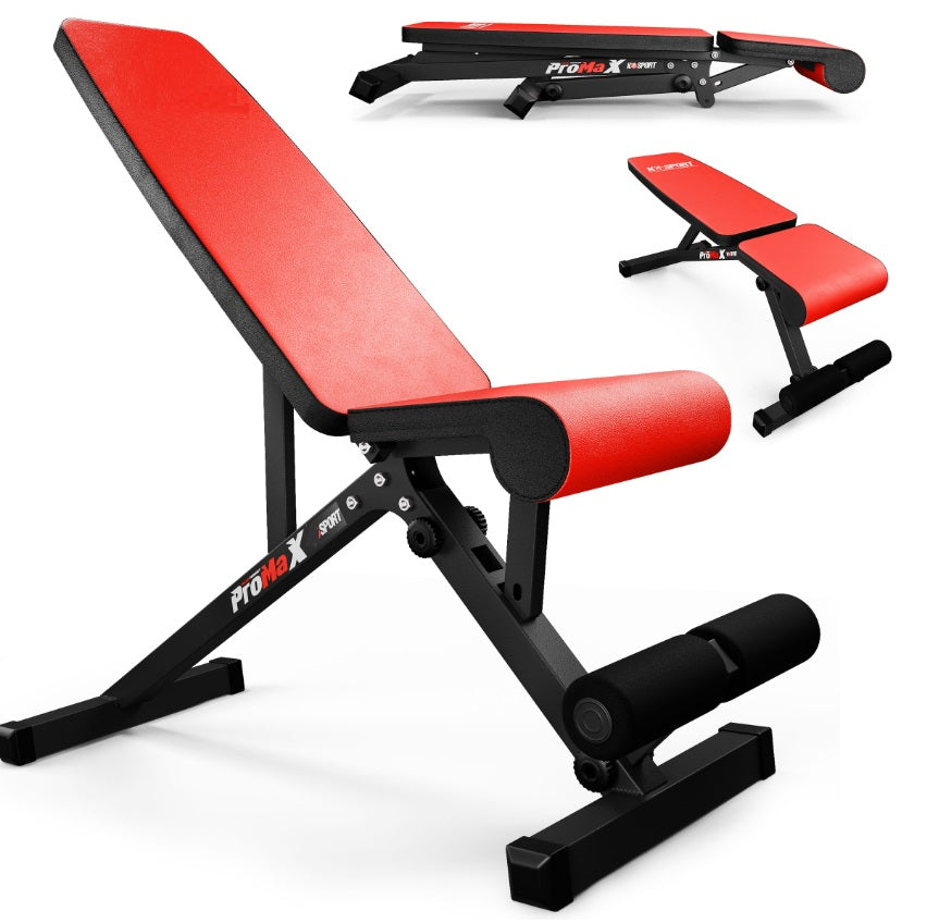 Red weight bench with black frame on a white background