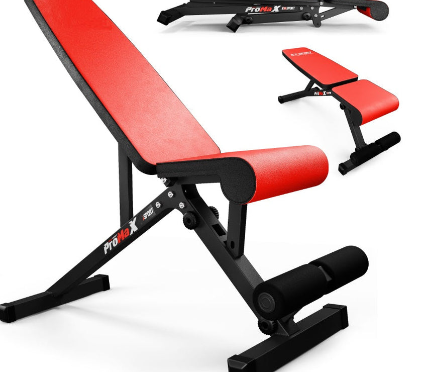 Red weight bench with black frame on a white background