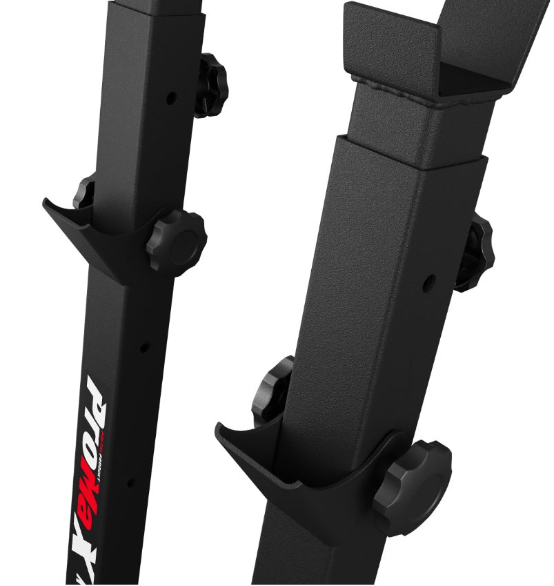 Black metal stand with adjustable leg on a white background