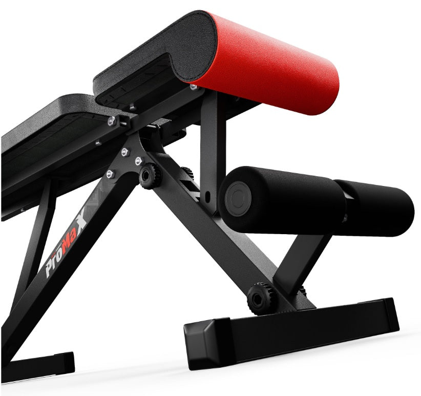 Black and red adjustable weight bench on a white background