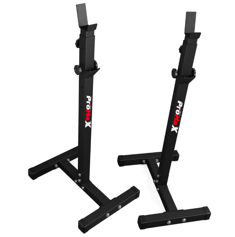 Pair of black squat stands with ProX branding on a white background