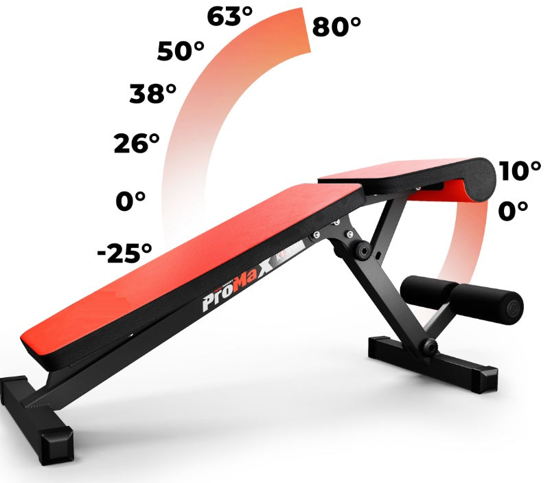 Adjustable weight bench with angle measurement scale on a white background