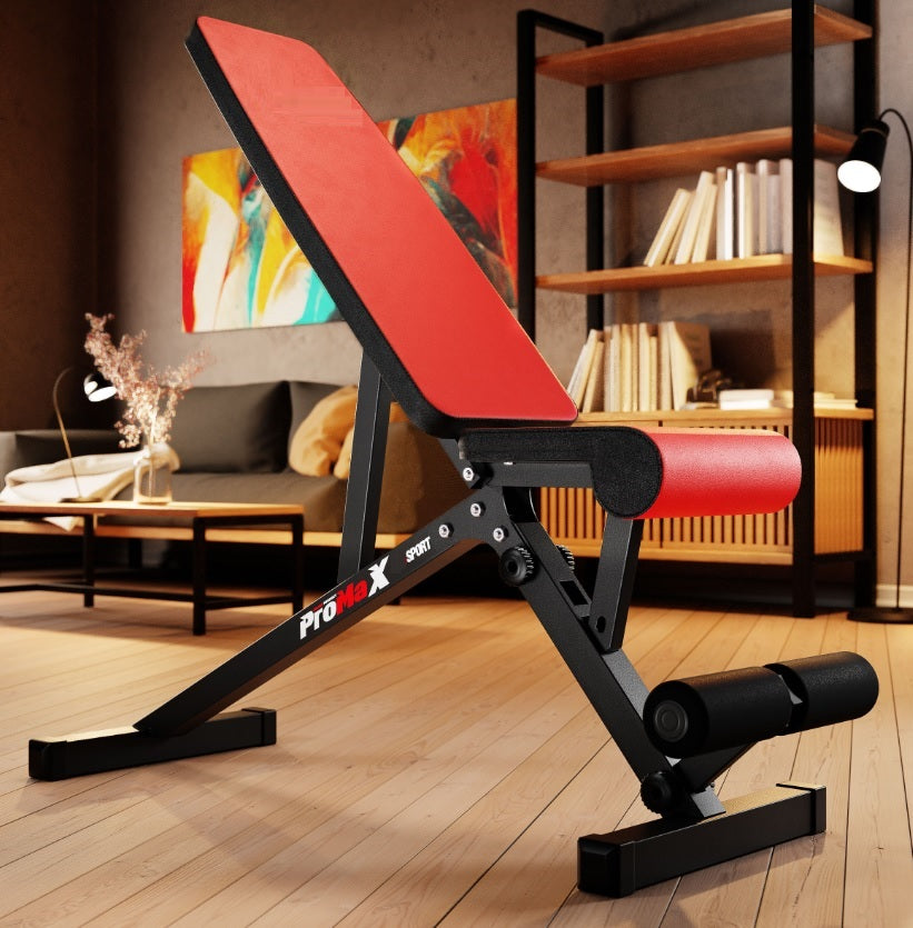 Red and black adjustable weight bench in a home setting with a couch and bookshelf.