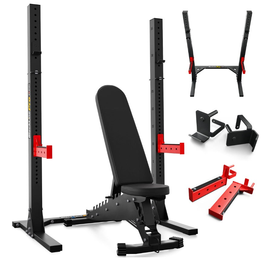 Black weight bench and squat rack with attachments on a white background