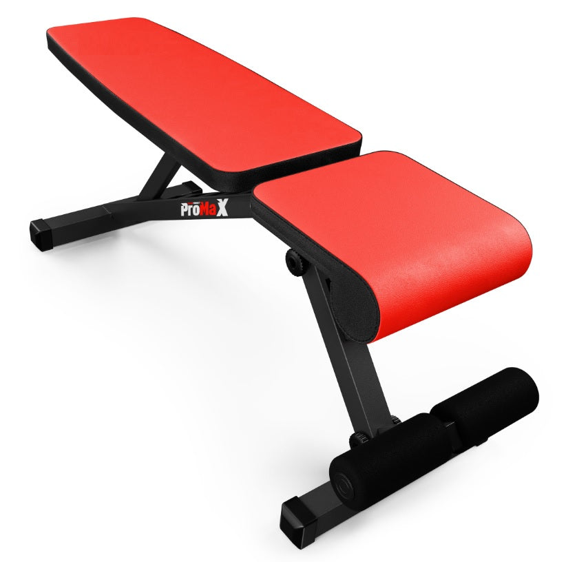 Red adjustable weight bench with black frame on a white background