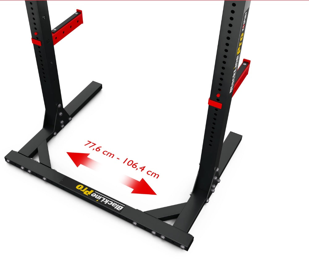 Black and red weightlifting stand with adjustable height measurement on a white background