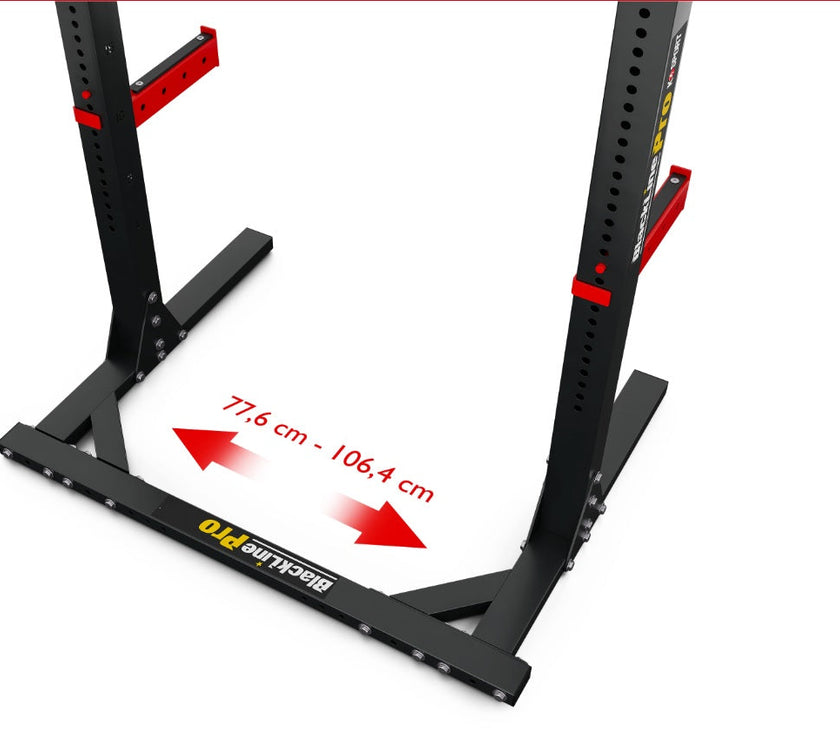 Black and red weightlifting stand with adjustable height measurement on a white background