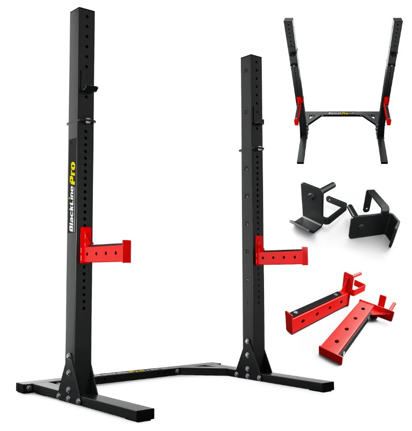 Black weightlifting squat rack with red accents on a white background