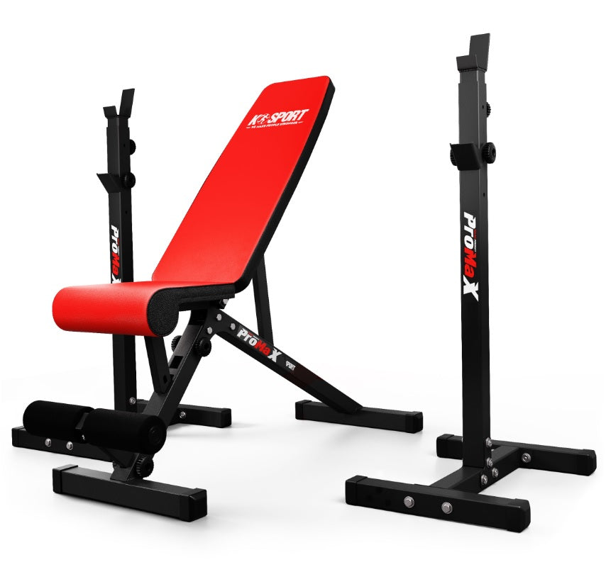 Red weight bench with black stands on a white background