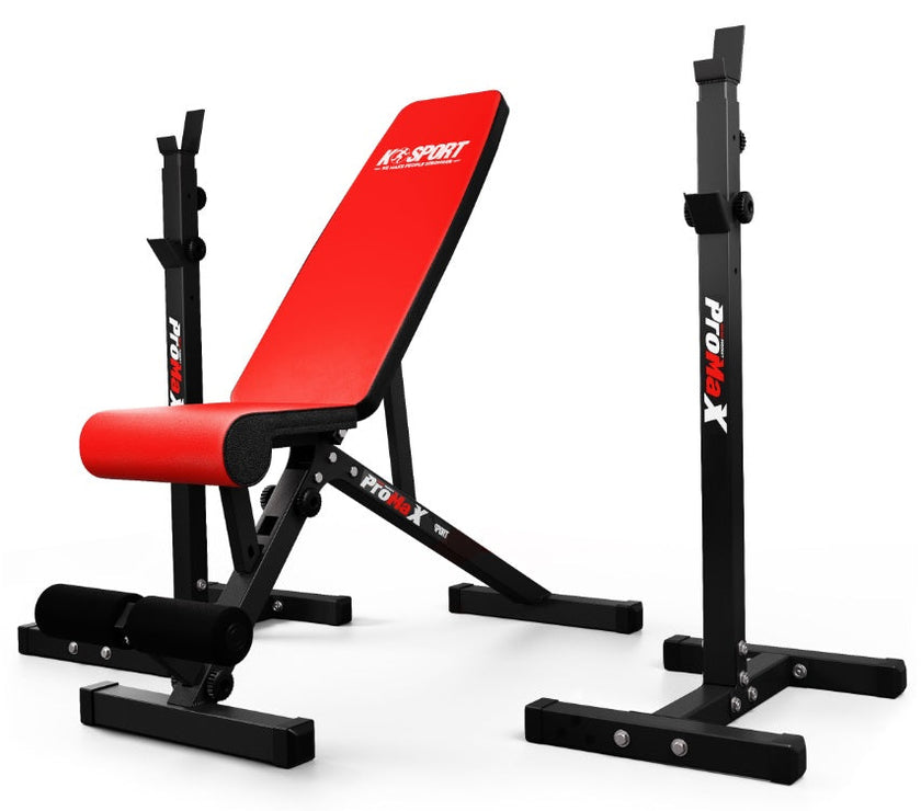 Red weight bench with black stands on a white background