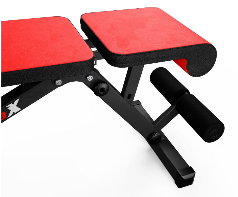 Black and red adjustable weight bench on a white background