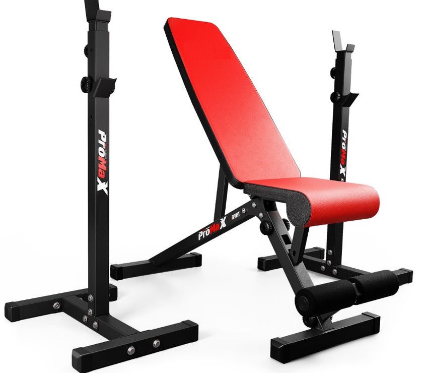 Red weight bench with black frame on a white background