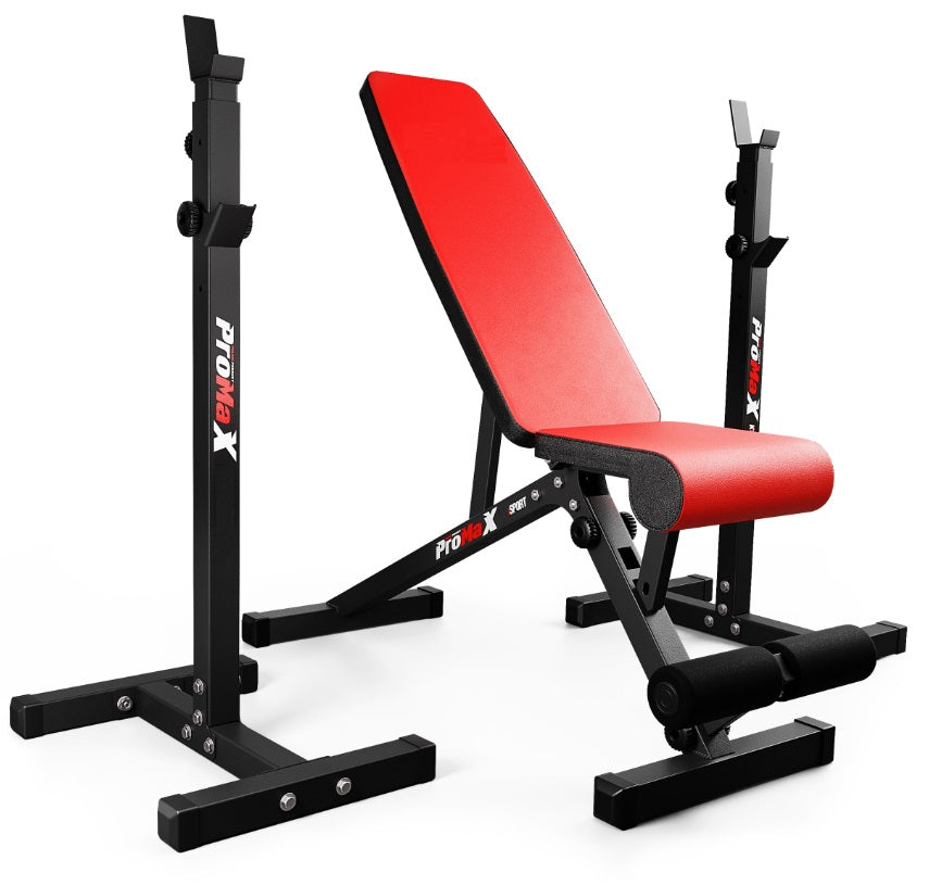 Red weight bench with black frame on a white background