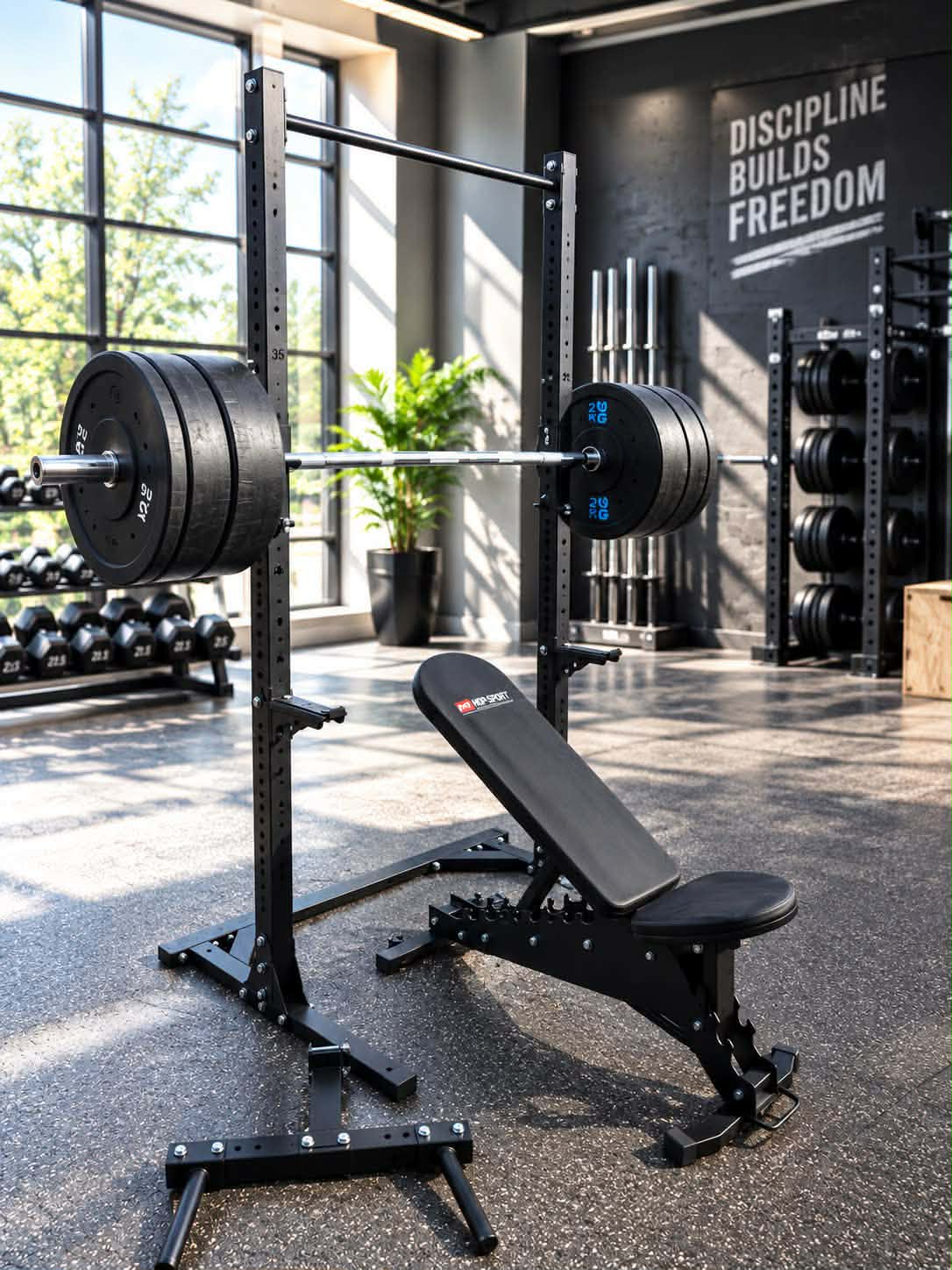 Komplet Træningssæt til Homegym – Squat Rack, Justerbar Træningsbænk, 100 kg OL-Vægtstang & Dips