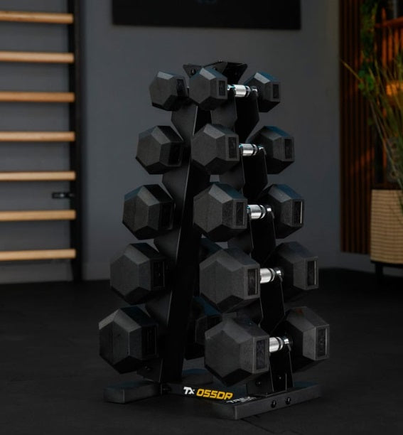 HEX Håndvægte Sæt 75 kg med Stativ – 5 Par Gummibelagte 2,5–12,5 kg