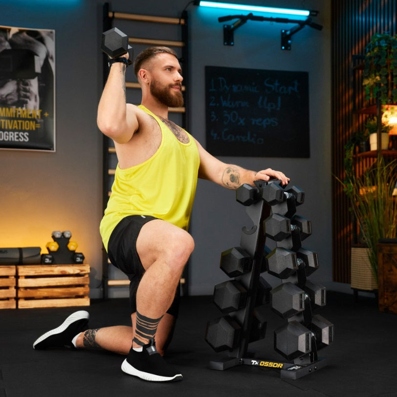 HEX Håndvægte Sæt 75 kg med Stativ – 5 Par Gummibelagte 2,5–12,5 kg