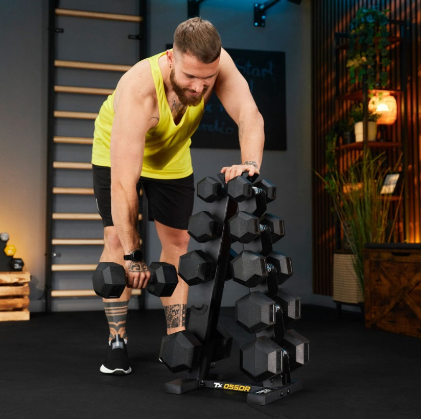 HEX Håndvægte Sæt 75 kg med Stativ – 5 Par Gummibelagte 2,5–12,5 kg