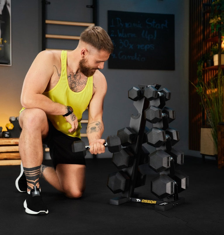 HEX Håndvægte Sæt 75 kg med Stativ – 5 Par Gummibelagte 2,5–12,5 kg