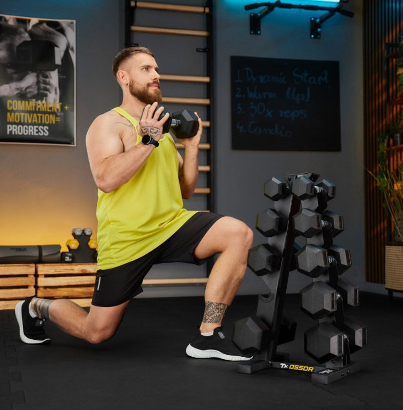 HEX Håndvægte Sæt 75 kg med Stativ – 5 Par Gummibelagte 2,5–12,5 kg