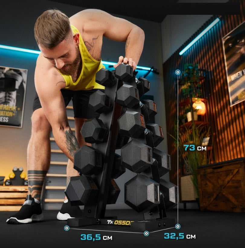 HEX Håndvægte Sæt 75 kg med Stativ – 5 Par Gummibelagte 2,5–12,5 kg