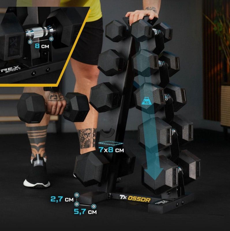 HEX Håndvægte Sæt 75 kg med Stativ – 5 Par Gummibelagte 2,5–12,5 kg