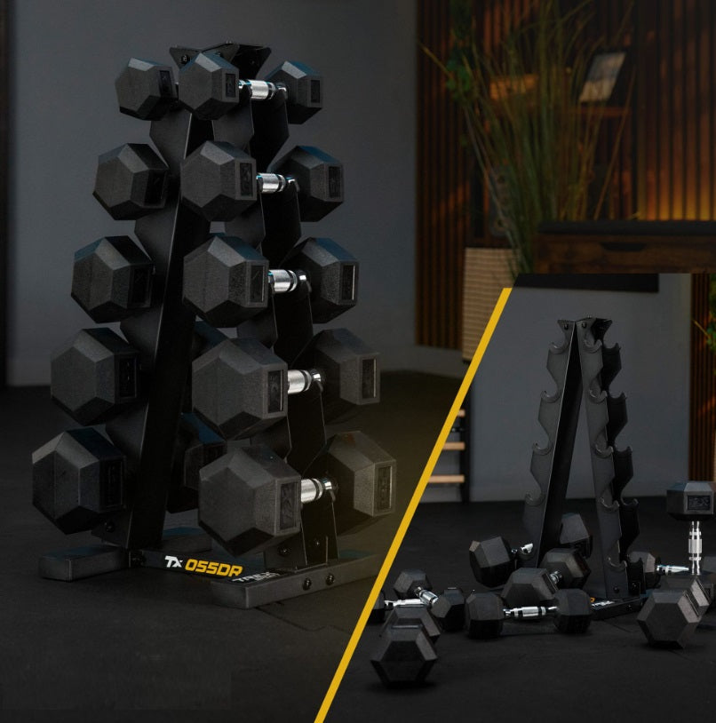 HEX Håndvægte Sæt 75 kg med Stativ – 5 Par Gummibelagte 2,5–12,5 kg