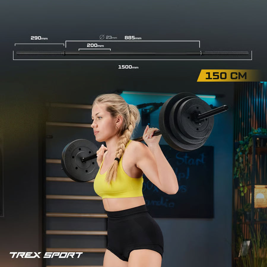 Woman lifting weights with a barbell, TREX Sport equipment displayed