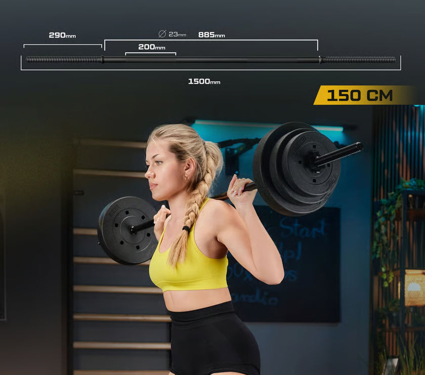 Woman lifting weights with a barbell, TREX Sport equipment displayed