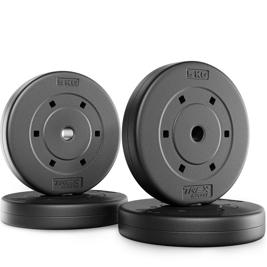 Two gray weight plates with '5 KG' marking on a white background