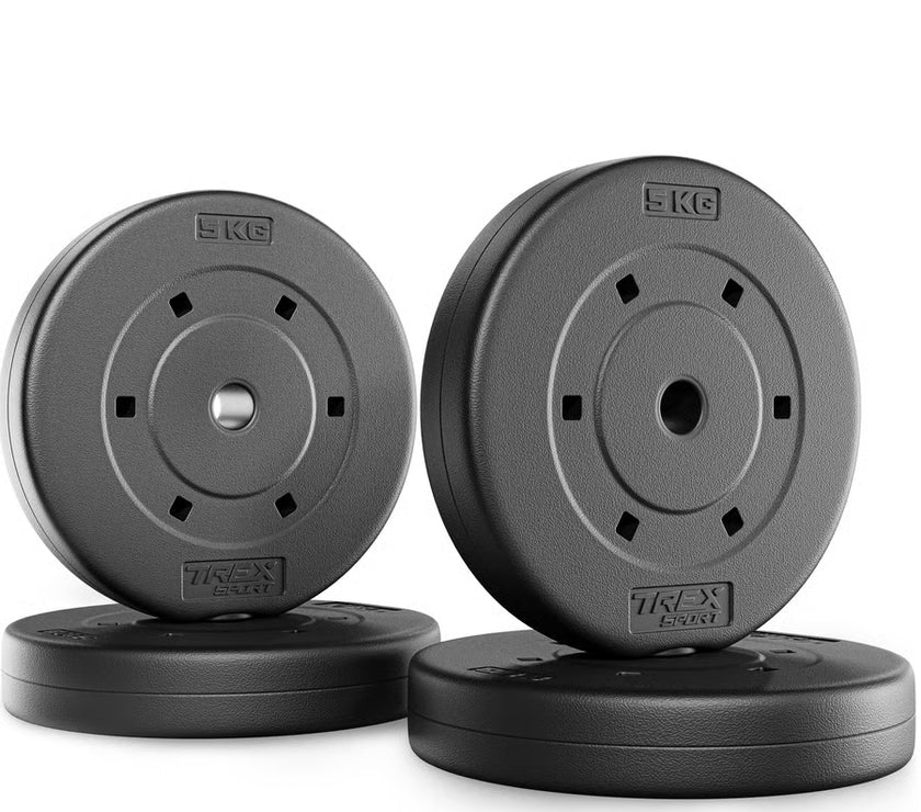 Two gray weight plates with '5 KG' marking on a white background
