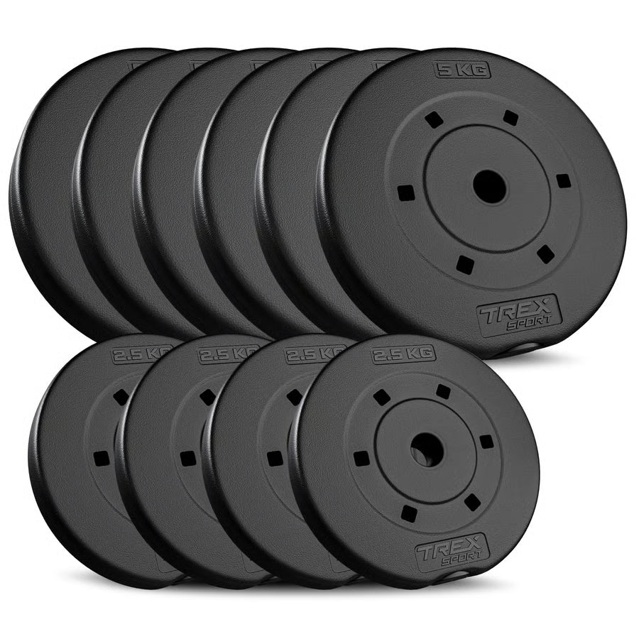 Set of black weight plates with T-Rex Sport branding on a white background