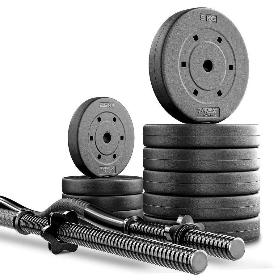 Stack of weight plates and barbell on a white background