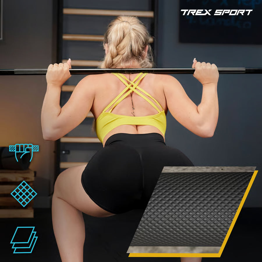 Woman performing a pull-up on a bar with a TREX Sport logo in the background.