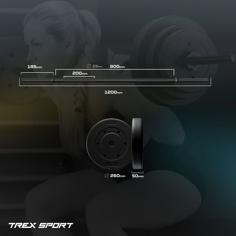 Barbell with measurement scale and TREX Sport branding