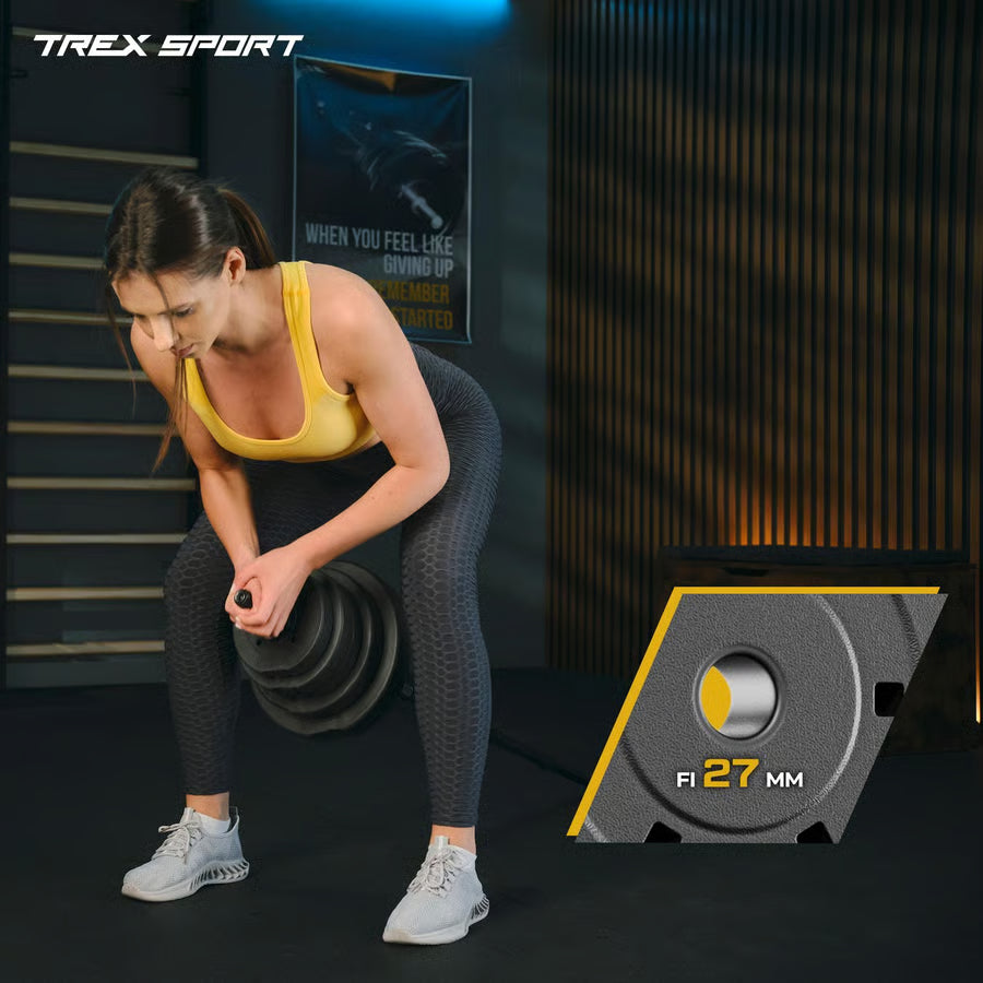 Woman exercising with a roller, with a close-up of a 27mm roller in the foreground, and TREX Sport branding.