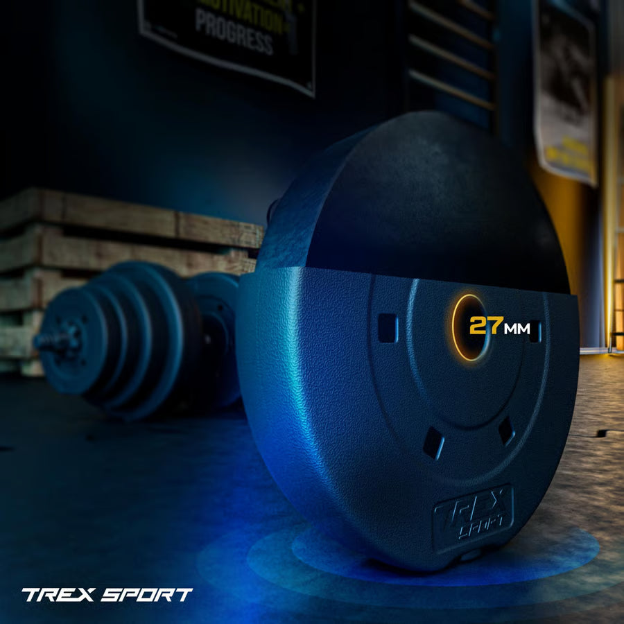 Blue dumbbell with '27' marking on a blurred gym background