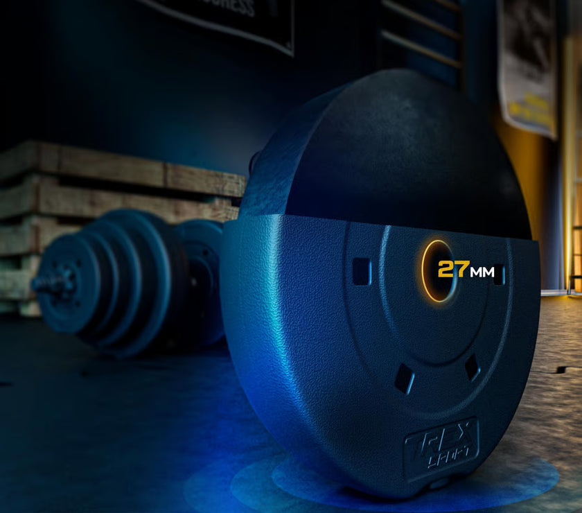 Blue dumbbell with '27' marking on a blurred gym background