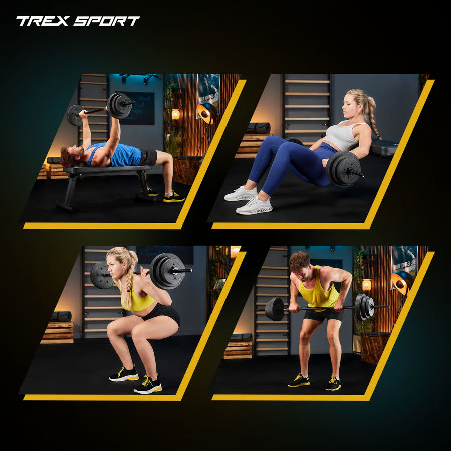 Four workout images with people using barbells, featuring T Rex Sport branding.