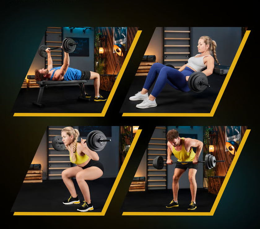 Four workout images with people using barbells, featuring T Rex Sport branding.