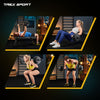 Four workout images with people using barbells, featuring T Rex Sport branding.