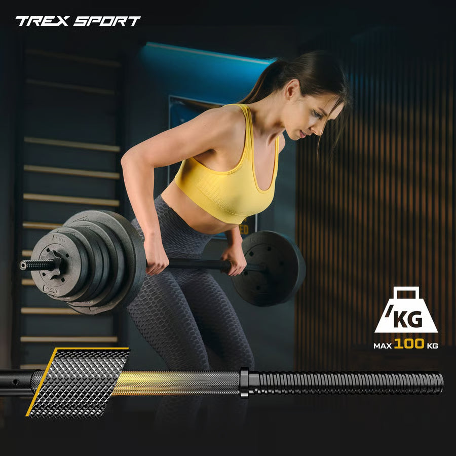 Woman lifting a barbell with weights on a dark background, featuring T Rex Sport branding.