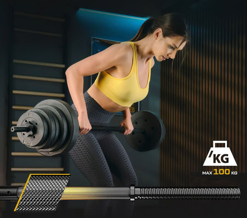 Woman lifting a barbell with weights on a dark background, featuring T Rex Sport branding.